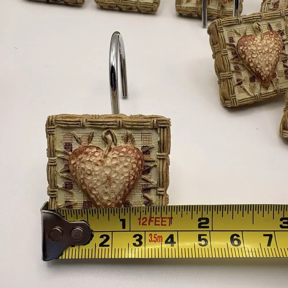VINTAGE QUILTED HEARTS & STARS SHOWER CURTAIN HOOKS SET OF 12